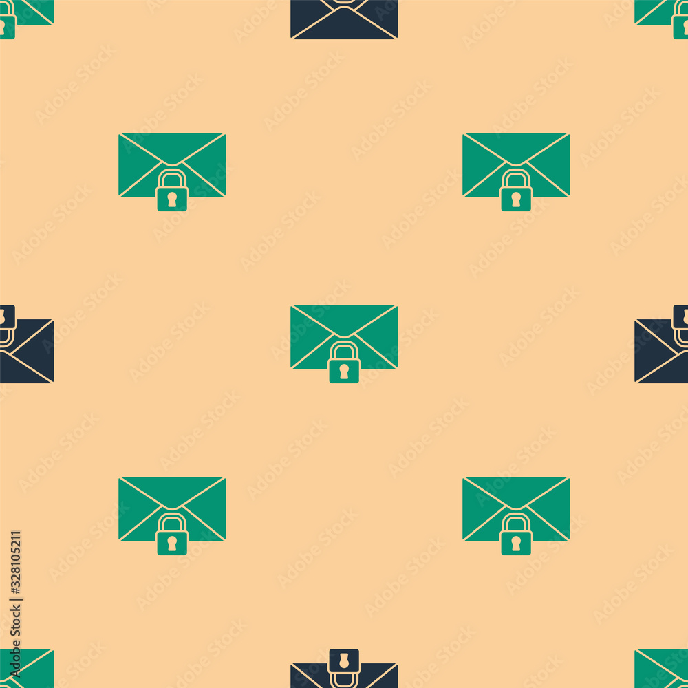 Green and black Mail message lock password icon isolated seamless pattern on beige background. Envel