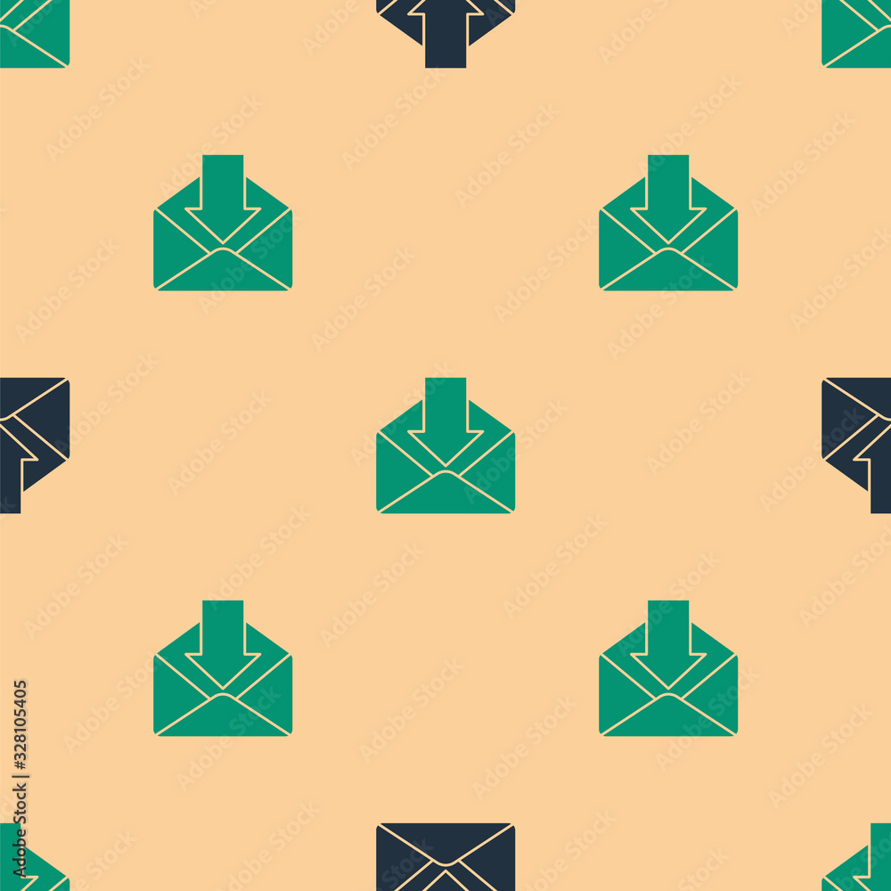 Green and black Envelope icon isolated seamless pattern on beige background. Received message concep