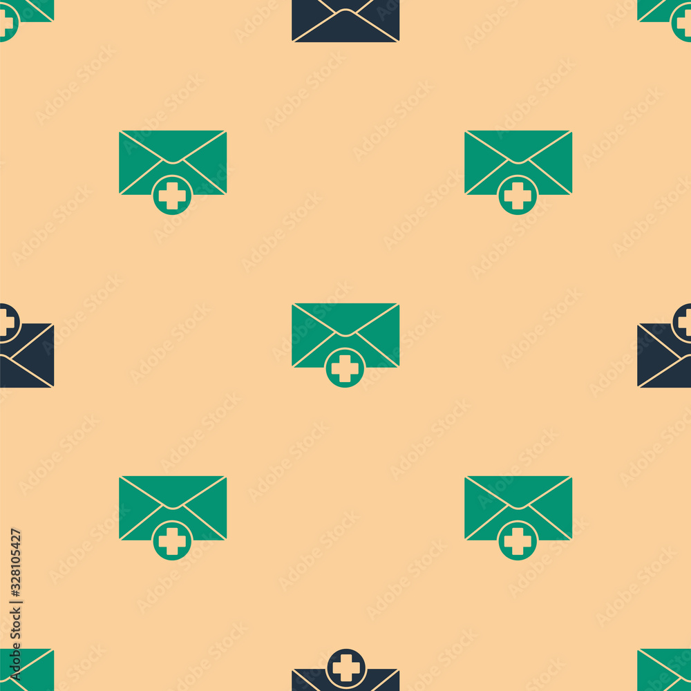 Green and black Envelope icon isolated seamless pattern on beige background. Received message concep