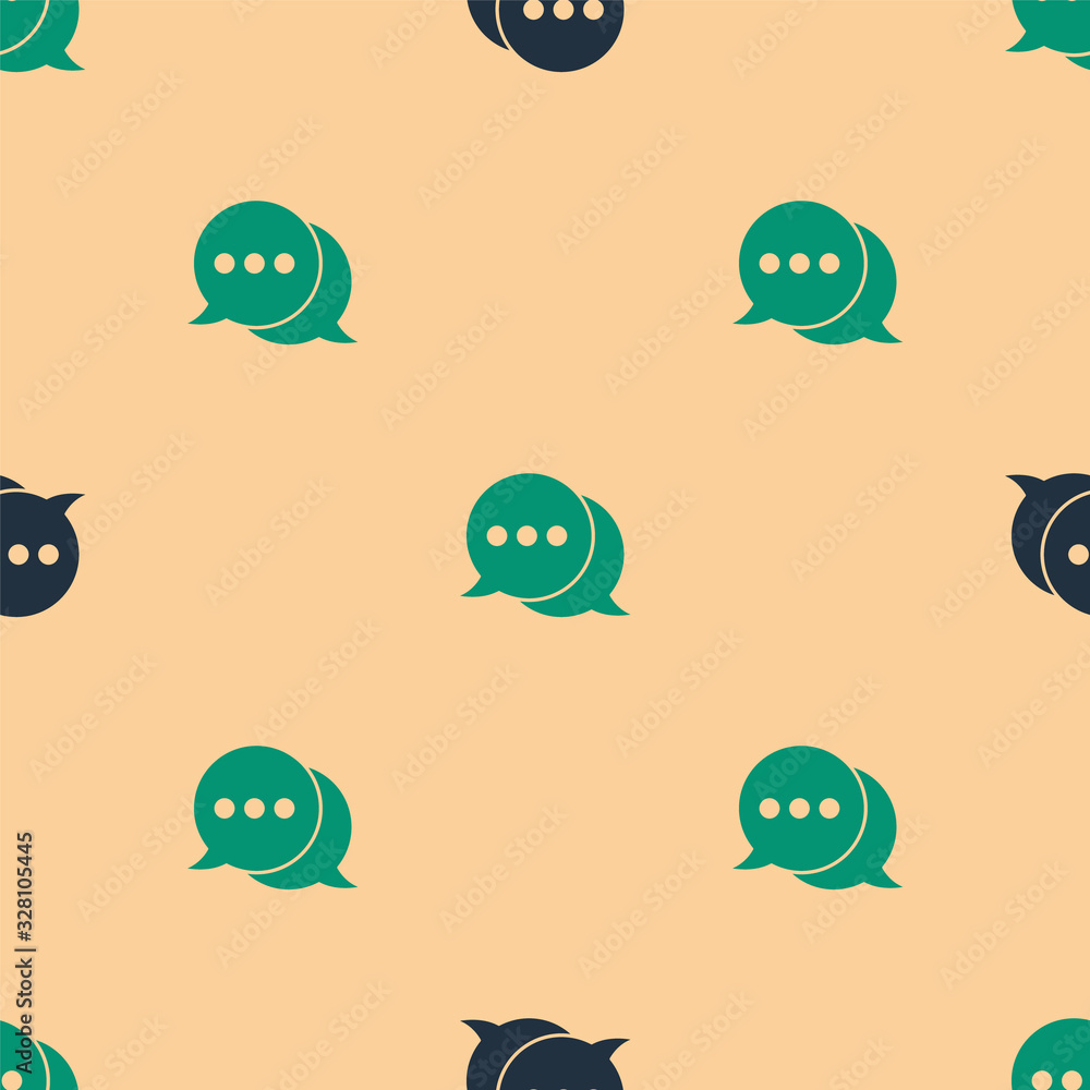 Green and black Speech bubble chat icon isolated seamless pattern on beige background. Message icon.