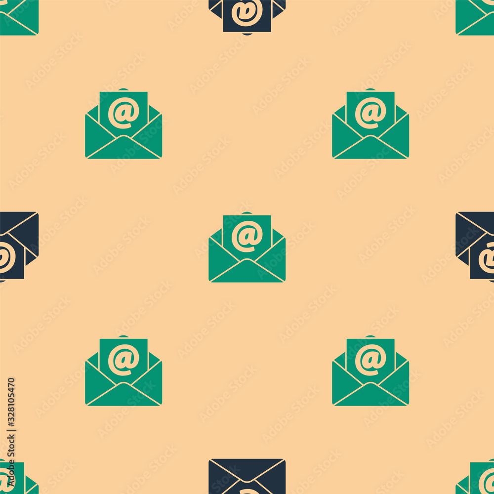 Green and black Mail and e-mail icon isolated seamless pattern on beige background. Envelope symbol 