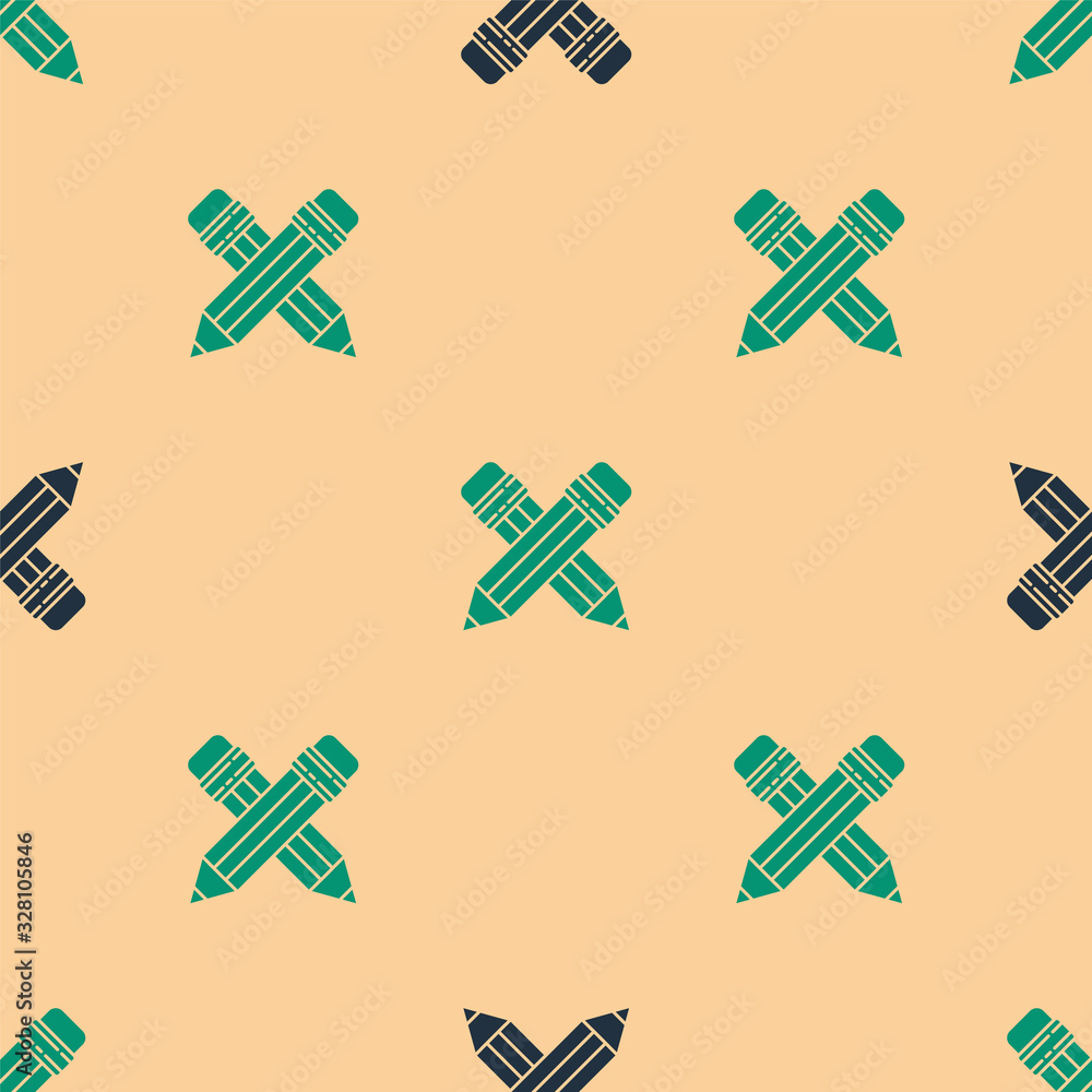 Green and black Crossed pencil with eraser icon isolated seamless pattern on beige background. Drawi