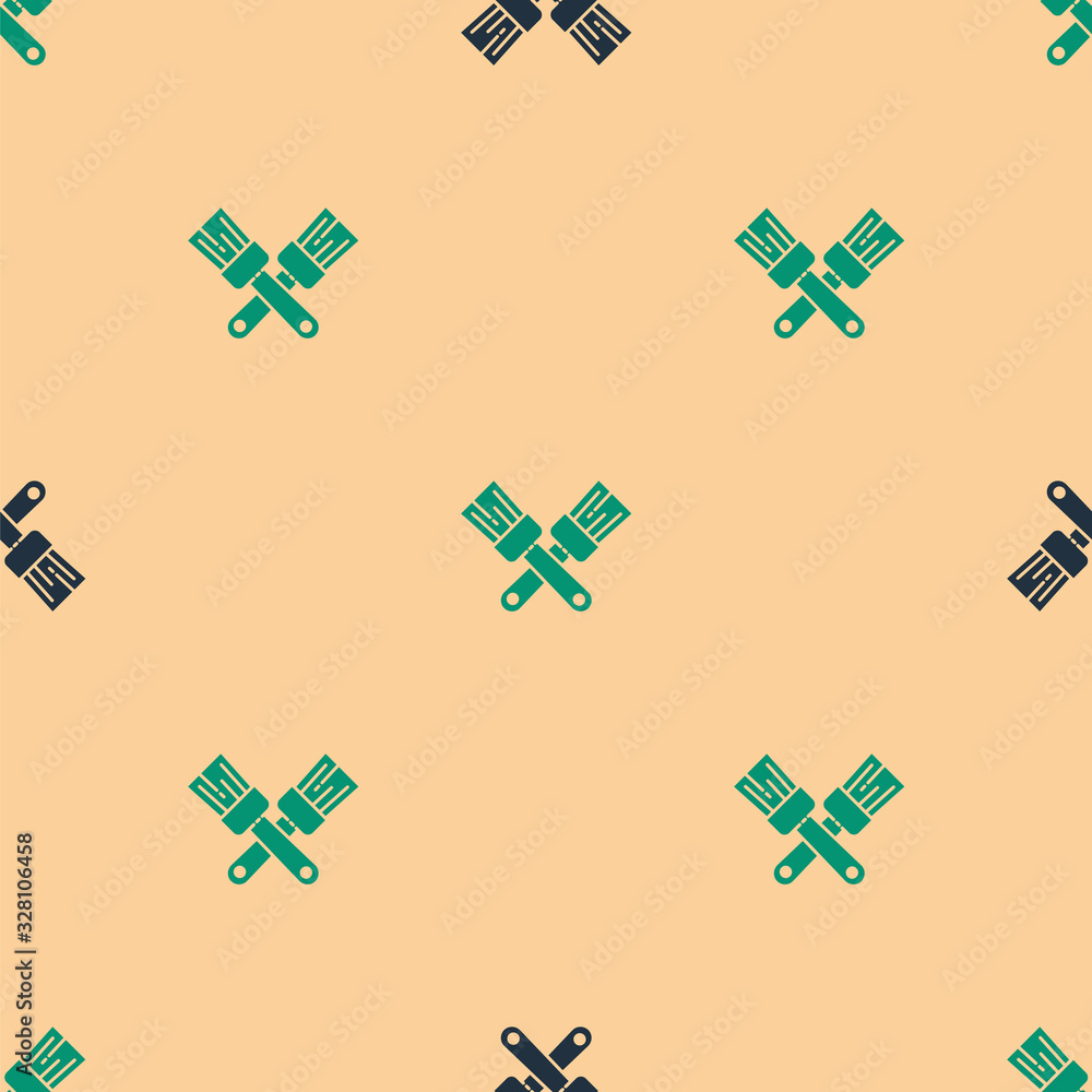 Green and black Crossed paint brush icon isolated seamless pattern on beige background. Vector Illus