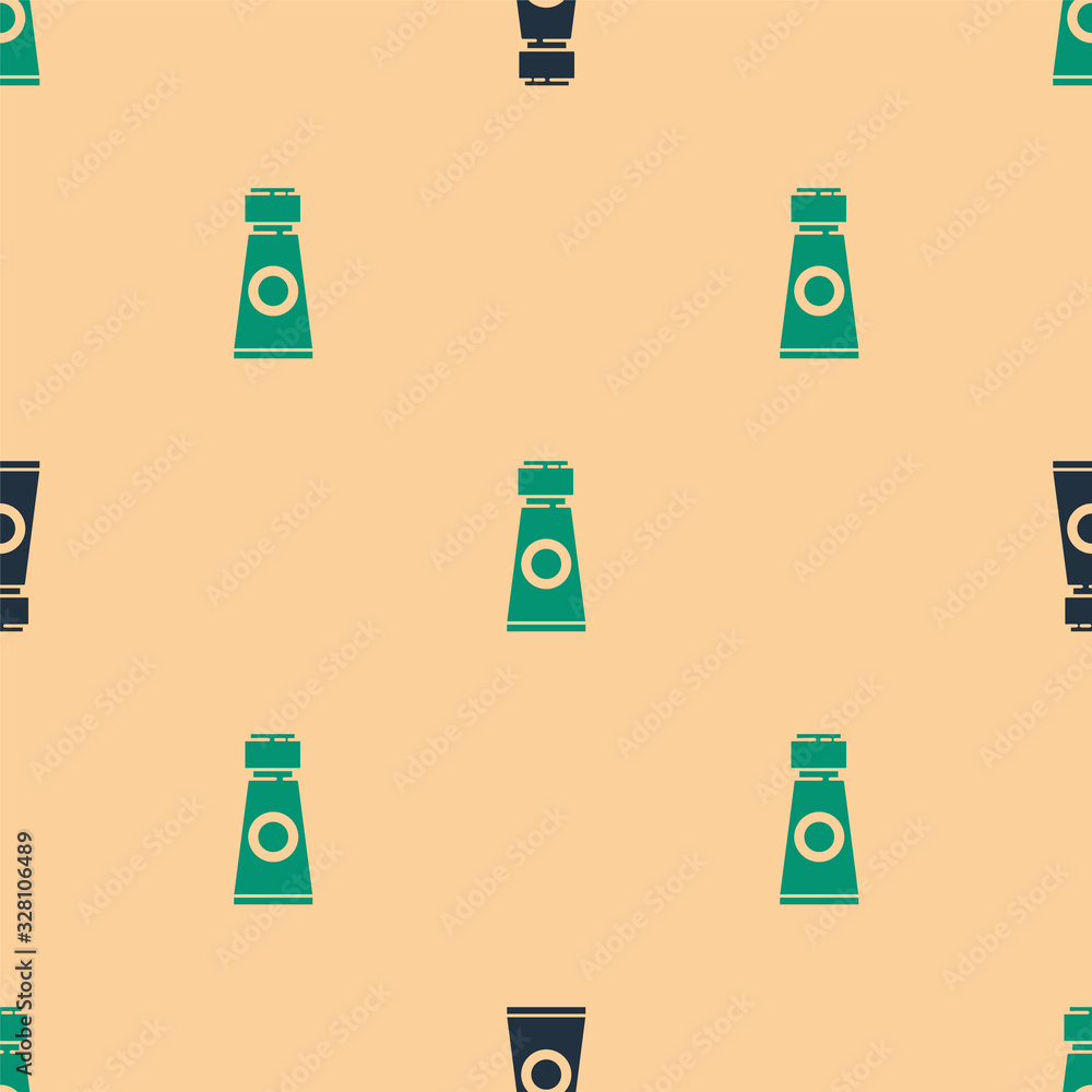 Green and black Tube with paint palette icon isolated seamless pattern on beige background. Vector I