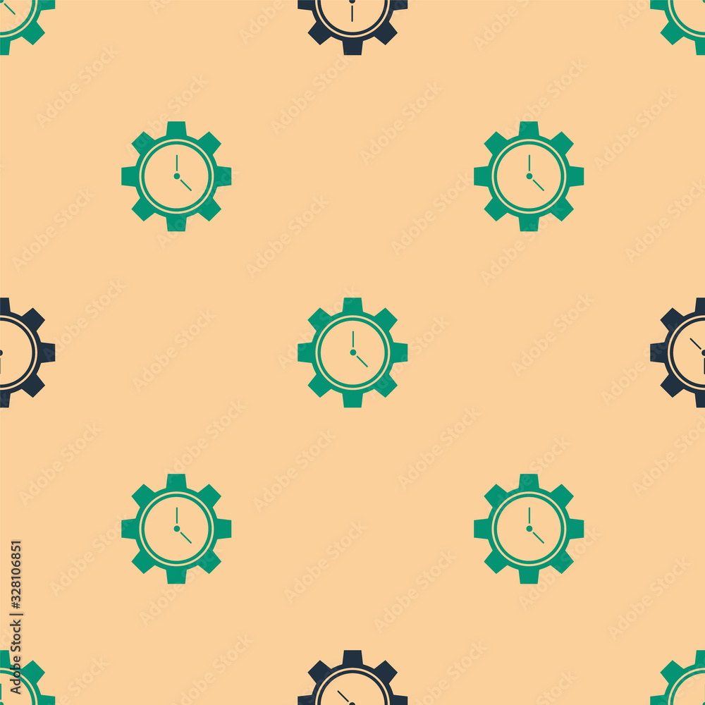 Green and black Time Management icon isolated seamless pattern on beige background. Clock and gear s