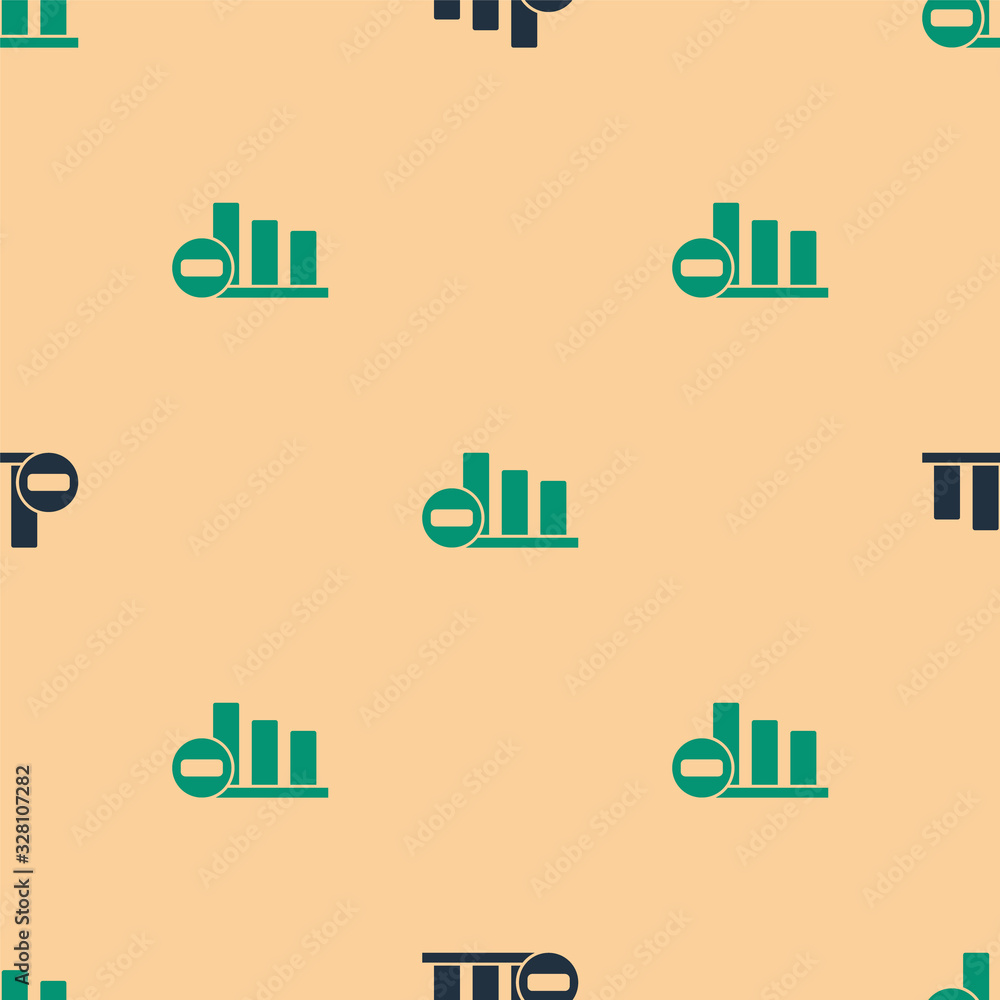 Green and black Pie chart infographic icon isolated seamless pattern on beige background. Diagram ch