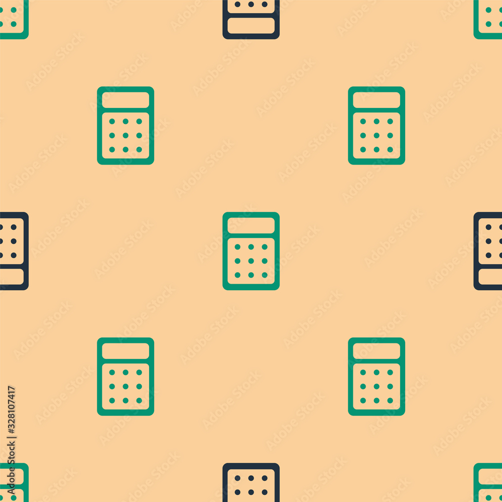 Green and black Calculator icon isolated seamless pattern on beige background. Accounting symbol. Bu