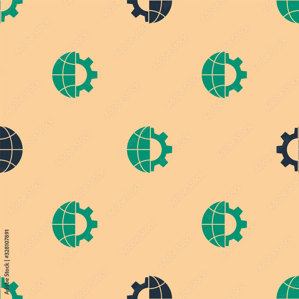 Green and black Globe of the Earth and gear or cog icon isolated seamless pattern on beige backgroun