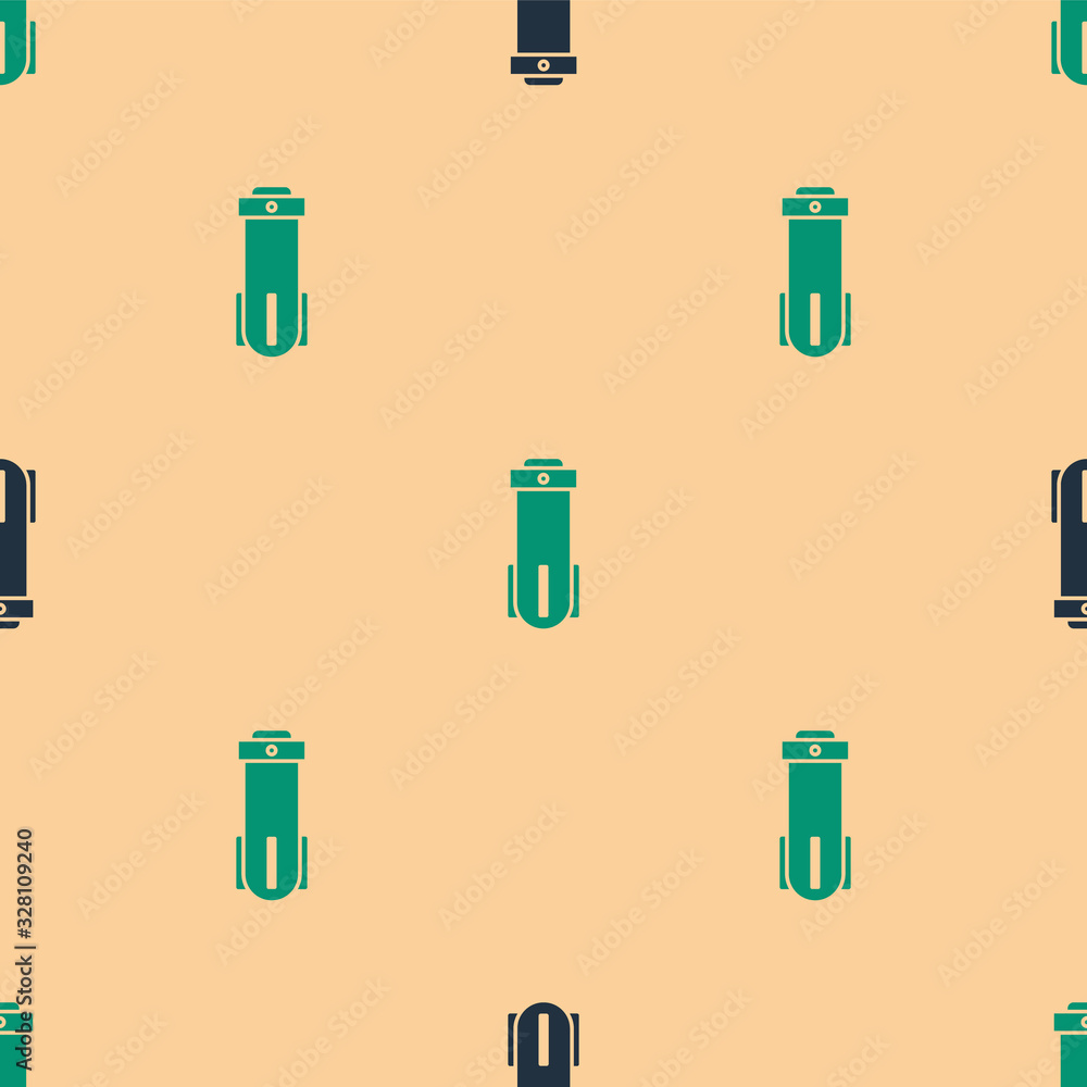 Green and black Water filter icon isolated seamless pattern on beige background. System for filtrati