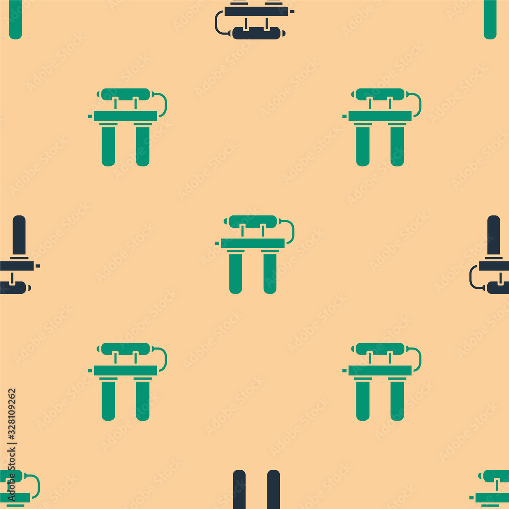 Green and black Water filter icon isolated seamless pattern on beige background. System for filtrati