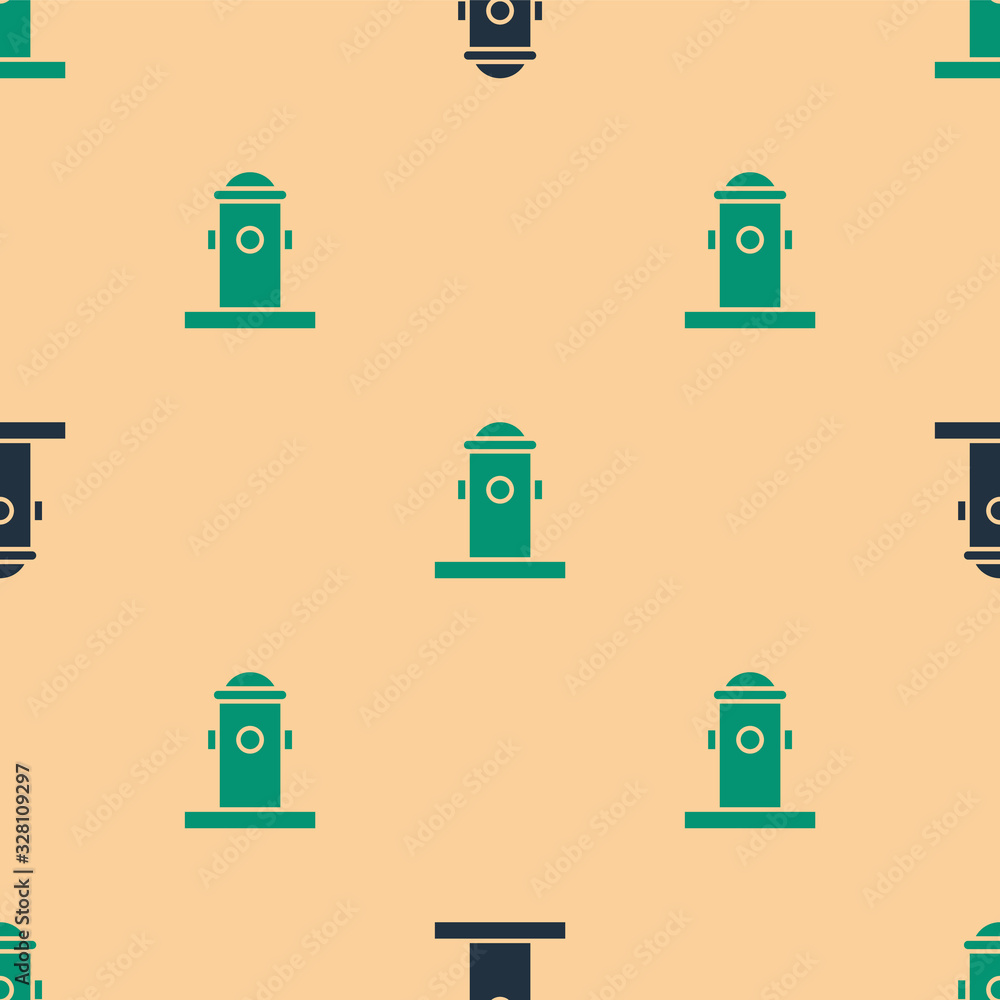 Green and black Fire hydrant icon isolated seamless pattern on beige background. Vector Illustration