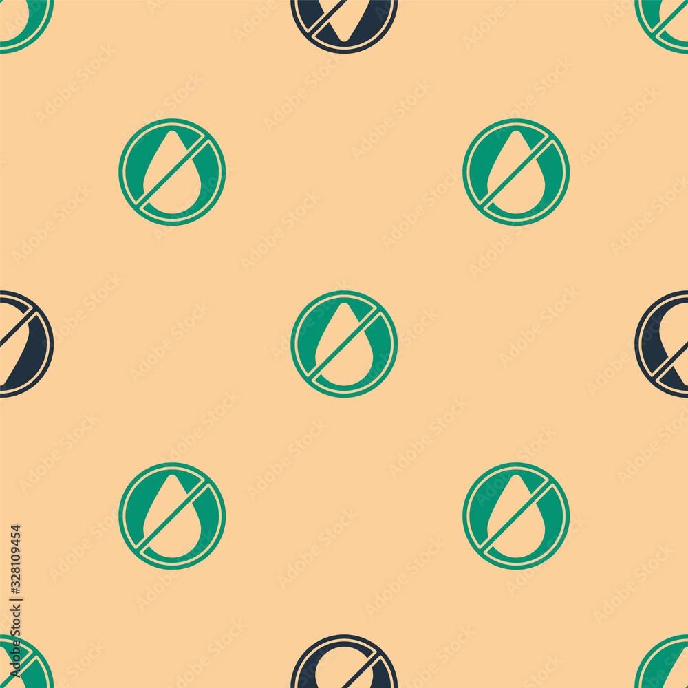 Green and black Water drop forbidden icon isolated seamless pattern on beige background. No water si