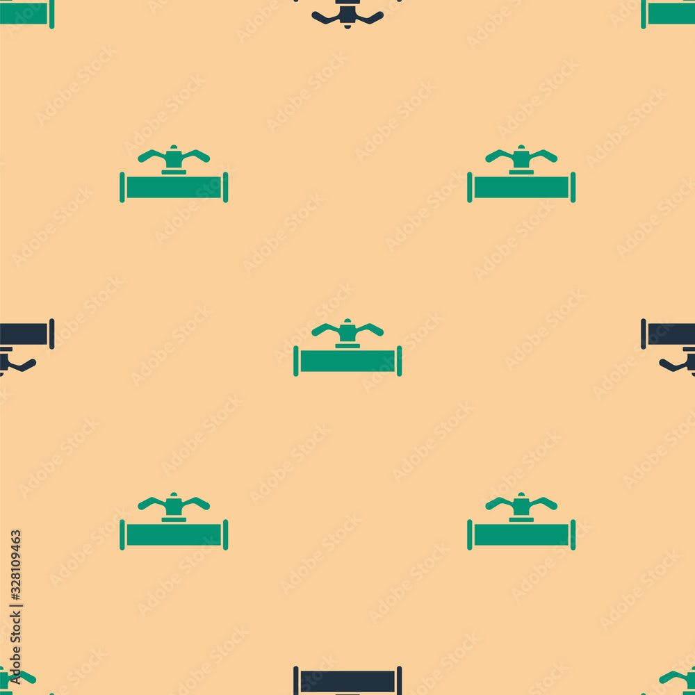 Green and black Industry metallic pipe and valve icon isolated seamless pattern on beige background.