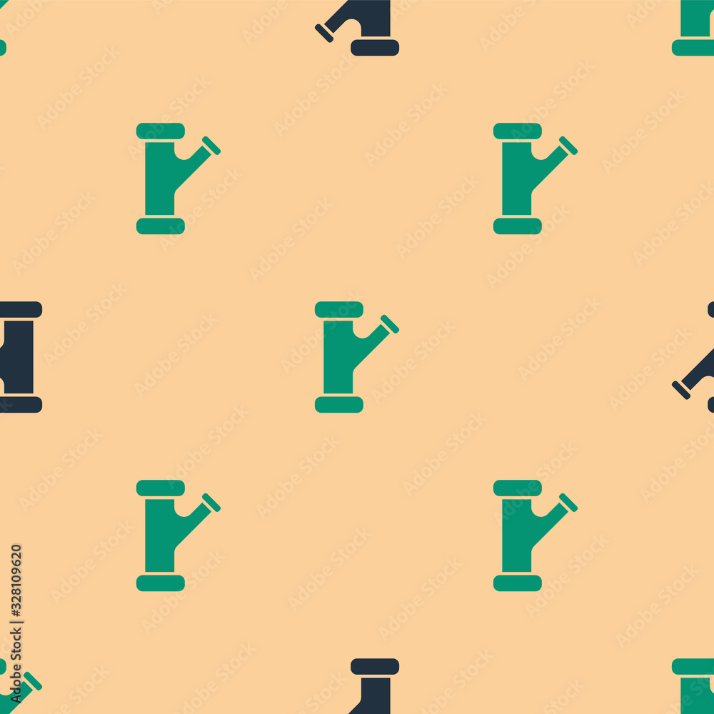 Green and black Industry metallic pipe icon isolated seamless pattern on beige background. Plumbing 