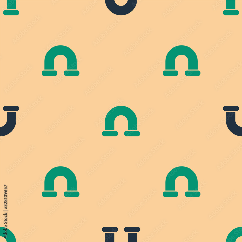 Green and black Industry metallic pipe icon isolated seamless pattern on beige background. Plumbing 