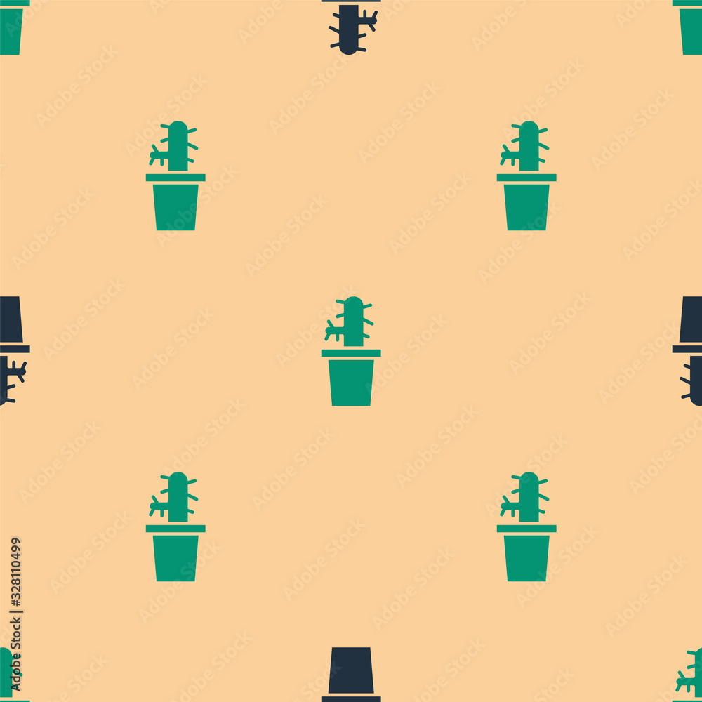 Green and black Cactus peyote in pot icon isolated seamless pattern on beige background. Plant growi