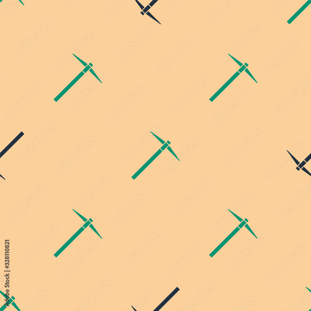 Green and black Pickaxe icon isolated seamless pattern on beige background. Vector Illustration