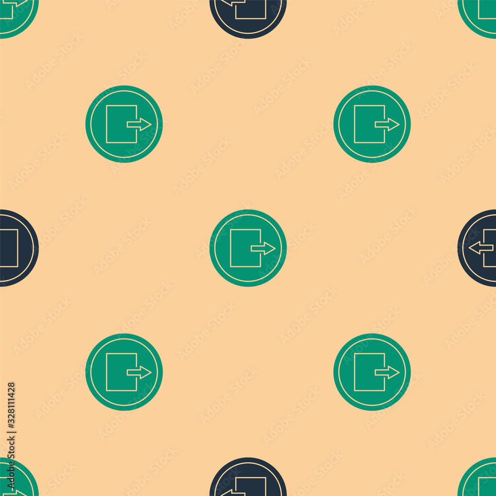 Green and black Fire exit icon isolated seamless pattern on beige background. Fire emergency icon. V