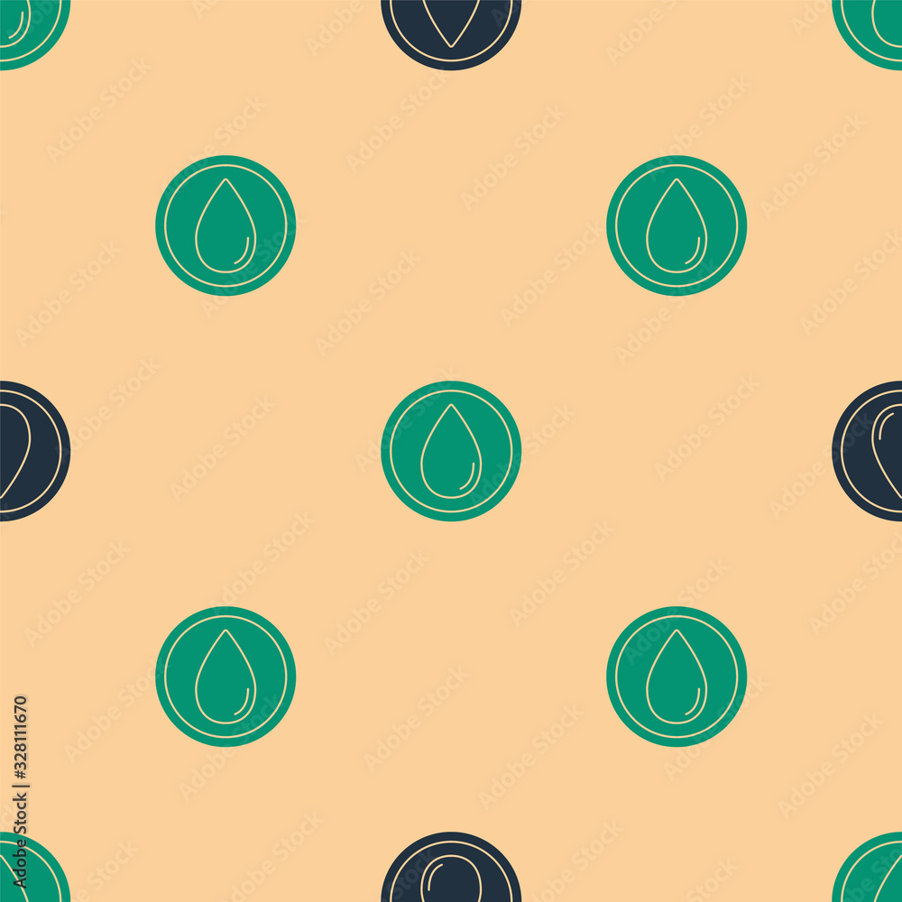 Green and black Water drop icon isolated seamless pattern on beige background. Vector Illustration