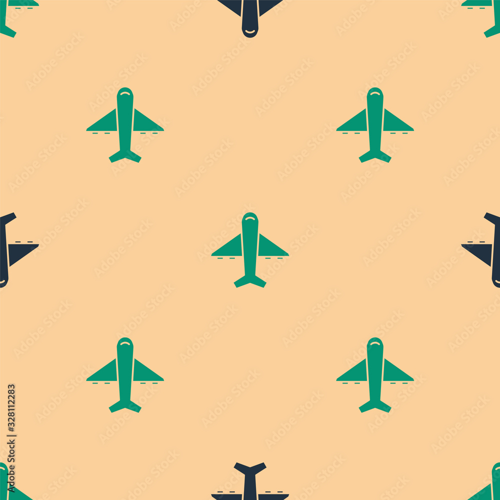 Green and black Plane icon isolated seamless pattern on beige background. Flying airplane icon. Airl