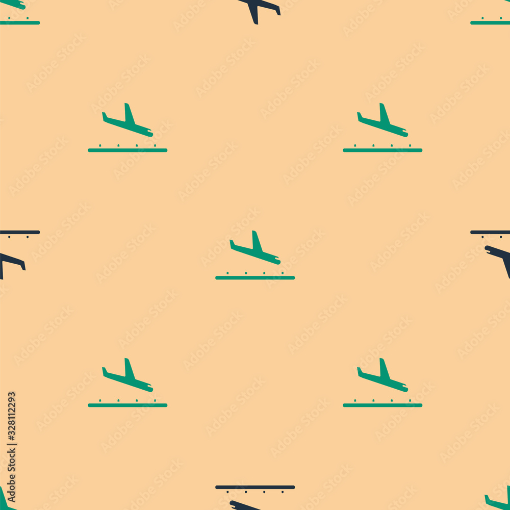 Green and black Plane landing icon isolated seamless pattern on beige background. Airplane transport