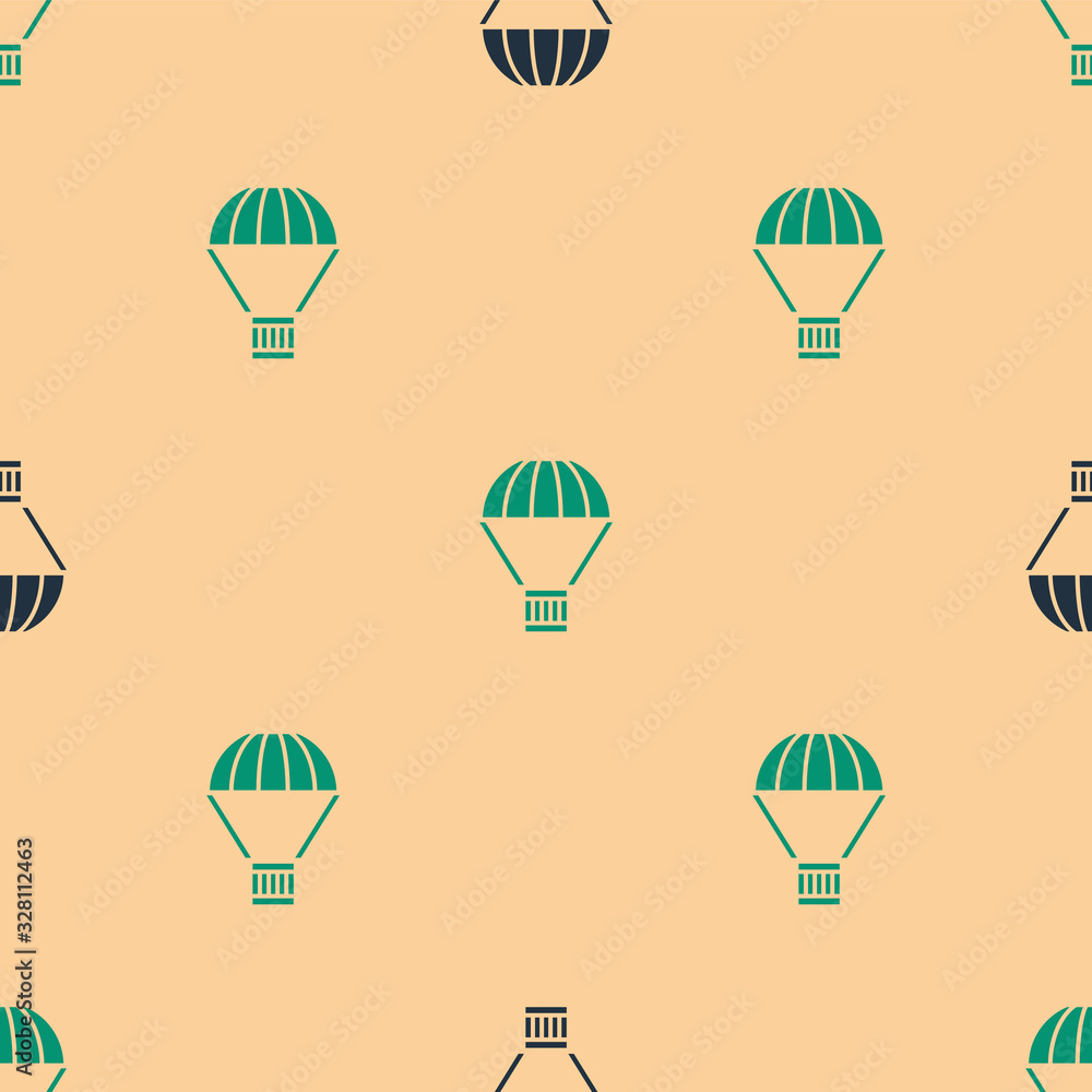 Green and black Box flying on parachute icon isolated seamless pattern on beige background. Parcel w