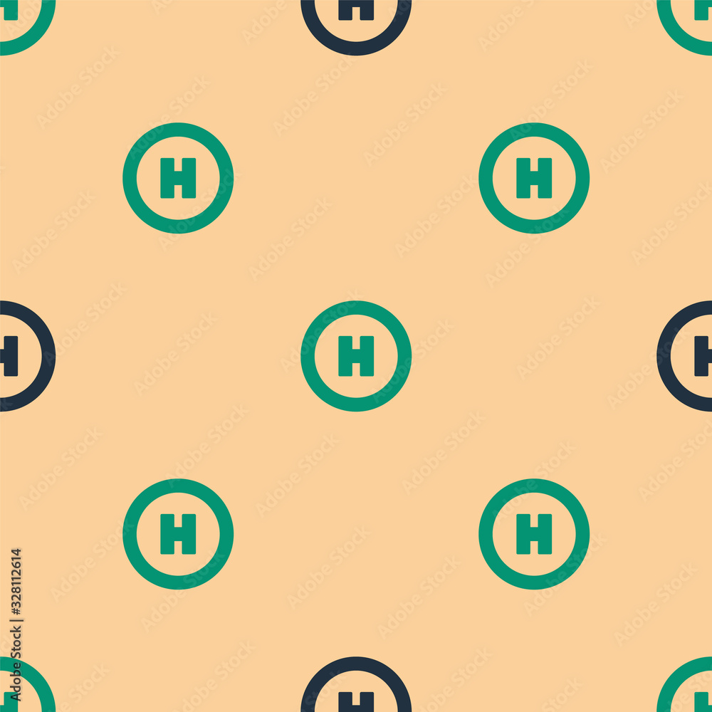 Green and black Helicopter landing pad icon isolated seamless pattern on beige background. Helipad, 