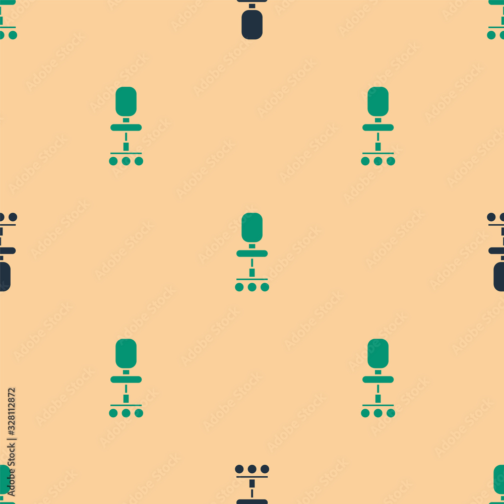 Green and black Office chair icon isolated seamless pattern on beige background. Vector Illustration