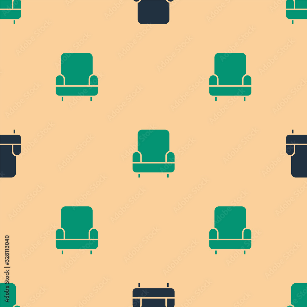 Green and black Armchair icon isolated seamless pattern on beige background. Vector Illustration