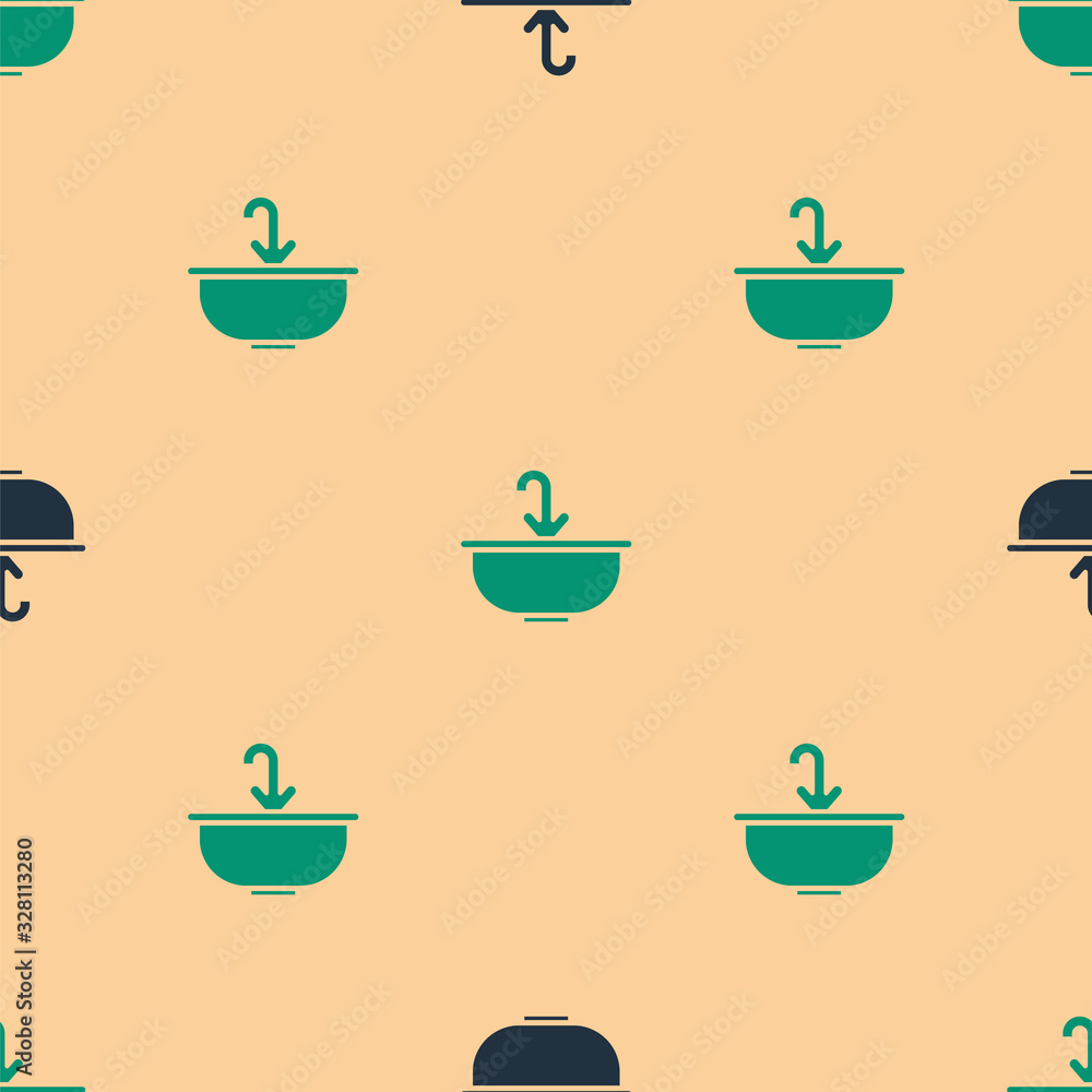 Green and black Washbasin with water tap icon isolated seamless pattern on beige background. Vector 