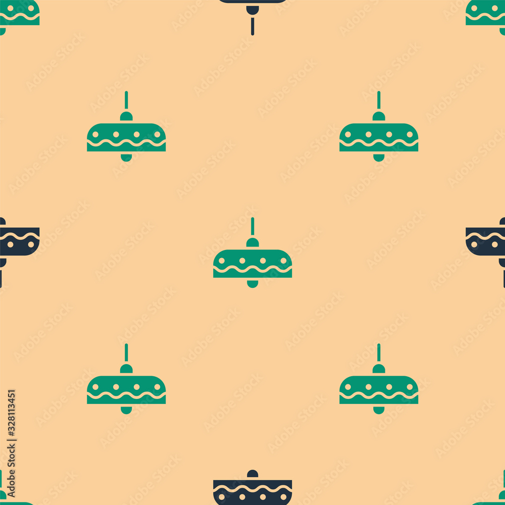 Green and black Chandelier icon isolated seamless pattern on beige background. Vector Illustration