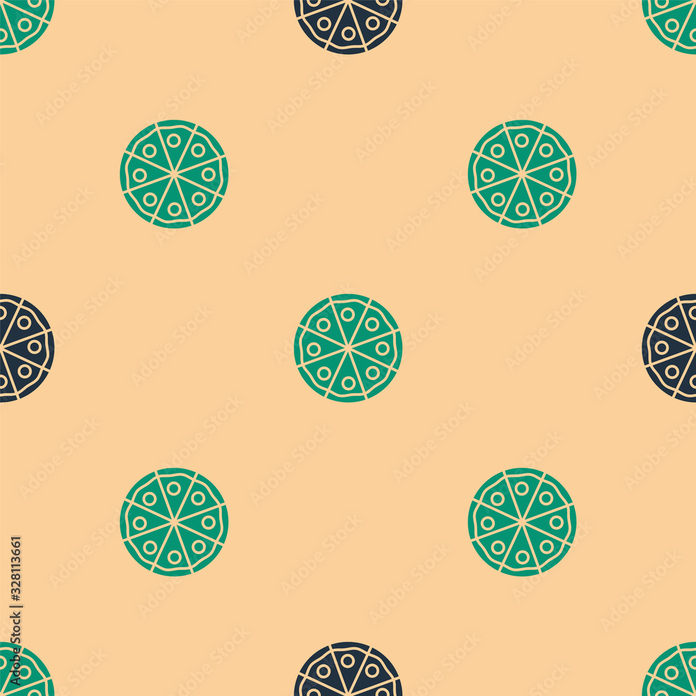 Green and black Pizza icon isolated seamless pattern on beige background. Fast food menu. Vector Ill