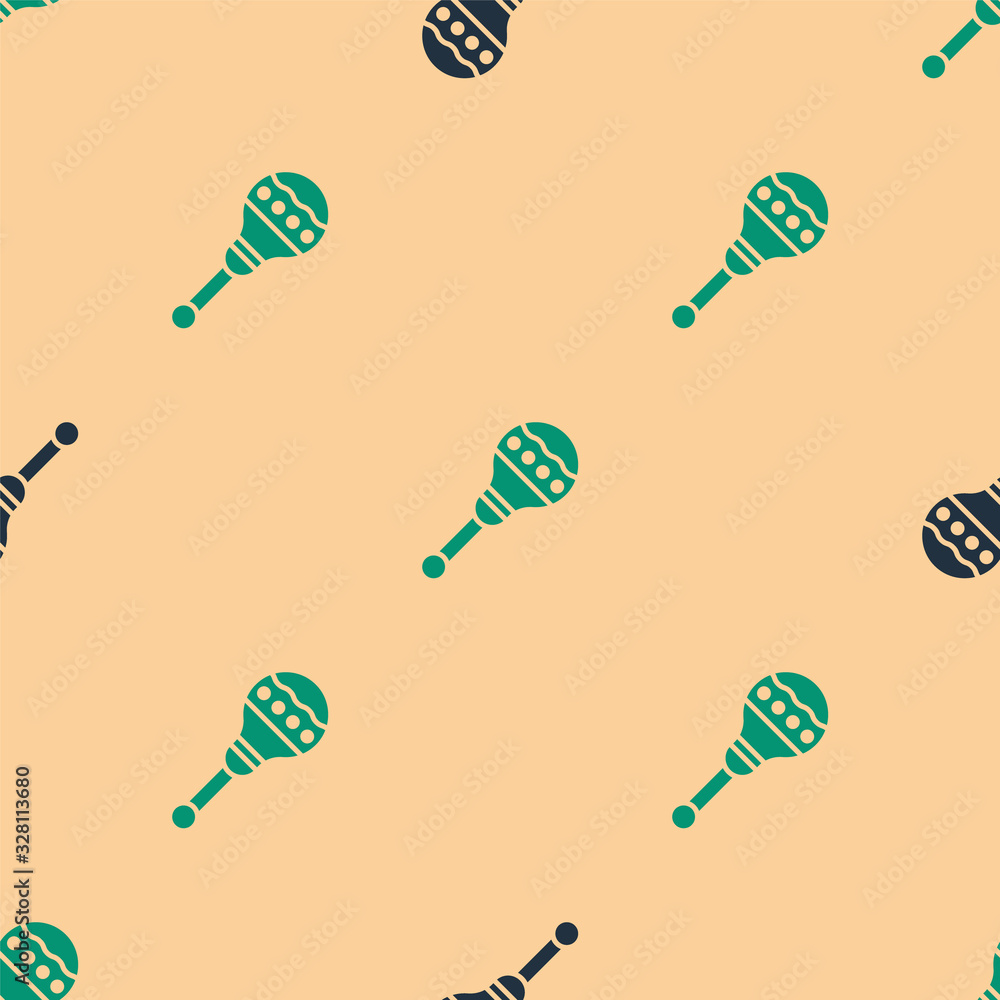 Green and black Maracas icon isolated seamless pattern on beige background. Music maracas instrument