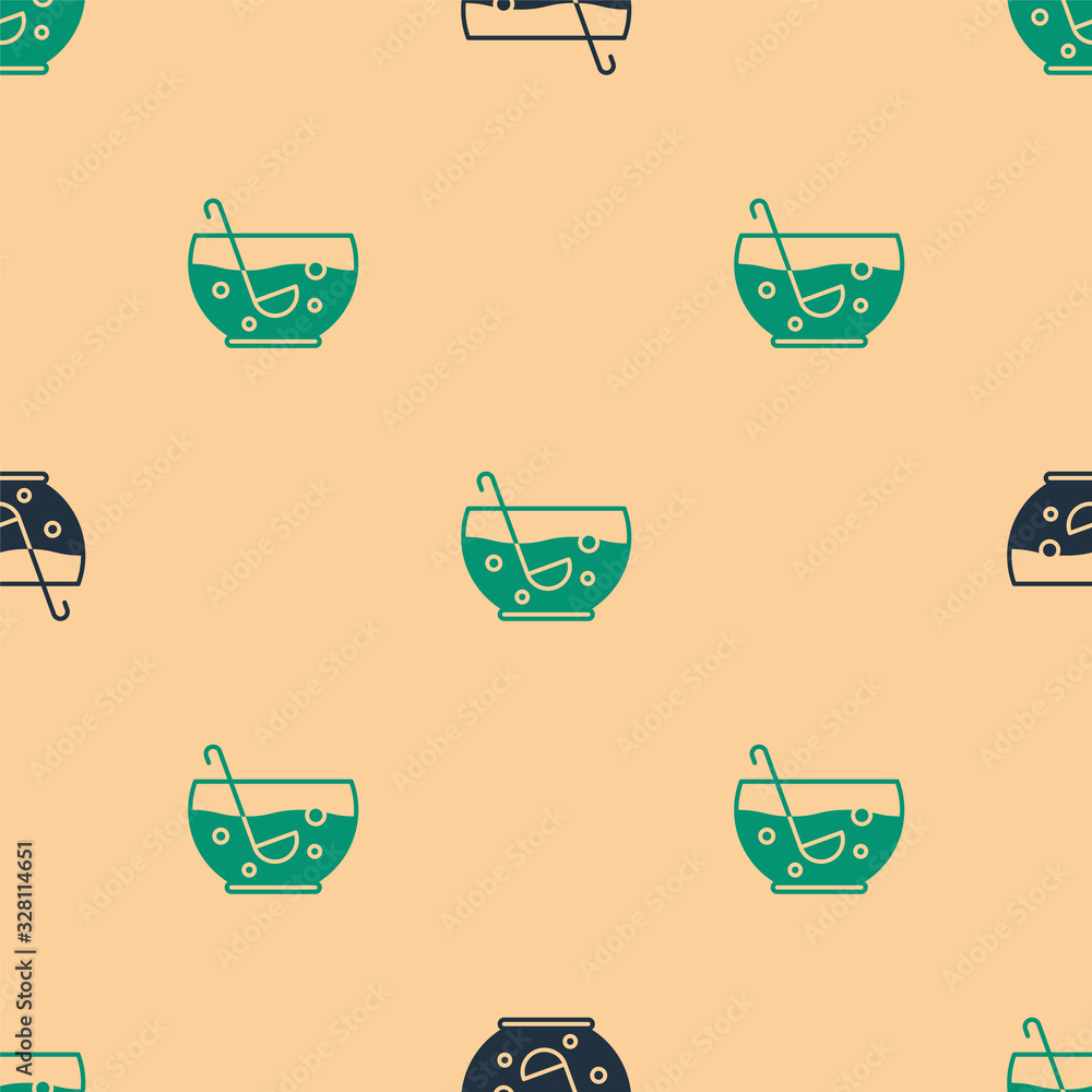 Green and black Mixed punch with fresh fruits in bowl icon isolated seamless pattern on beige backgr