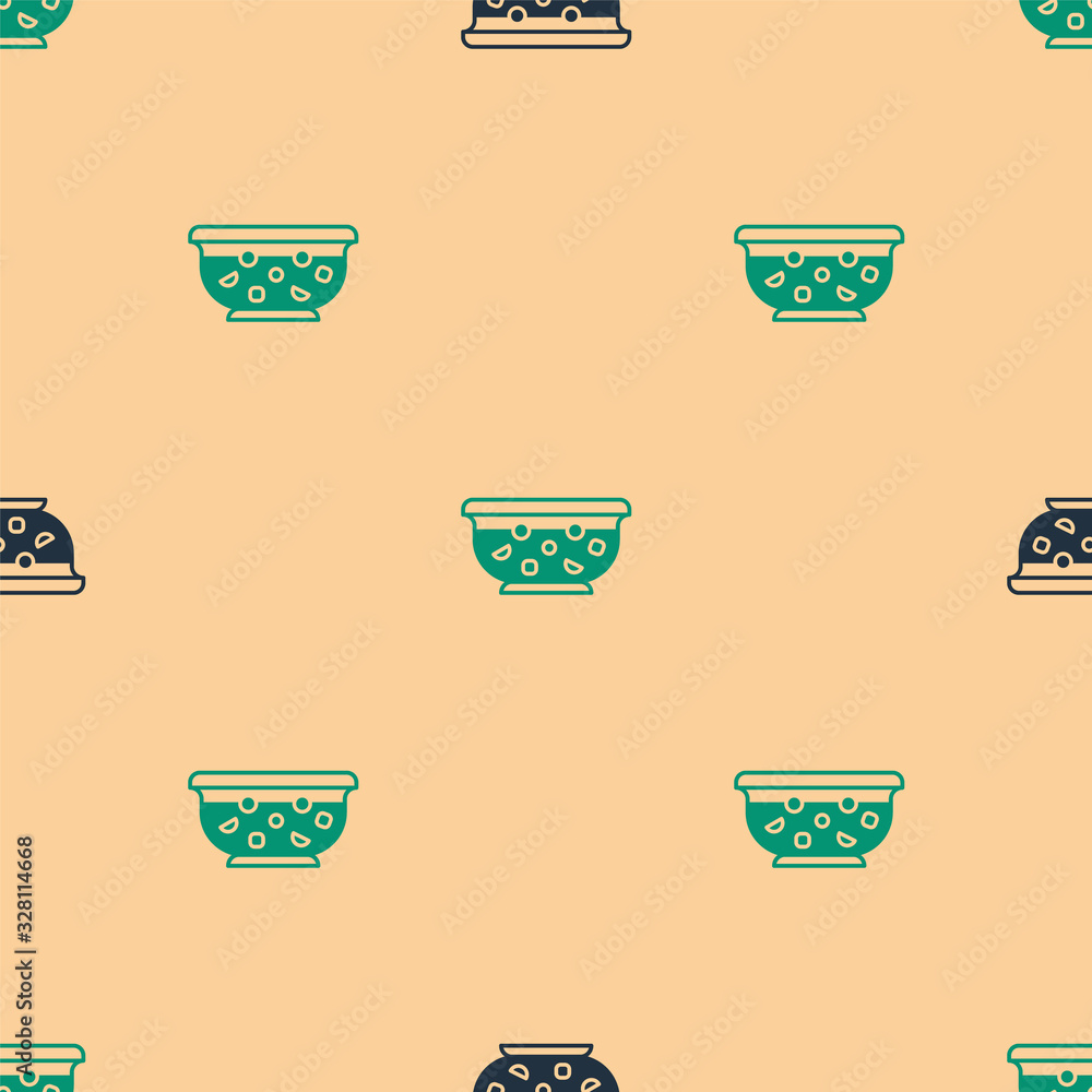 Green and black Mixed punch with fresh fruits in bowl icon isolated seamless pattern on beige backgr