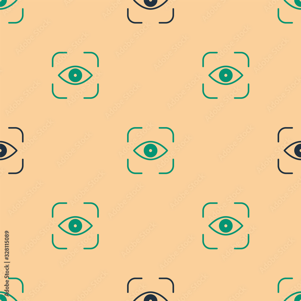 Green and black Eye scan icon isolated seamless pattern on beige background. Scanning eye. Security 