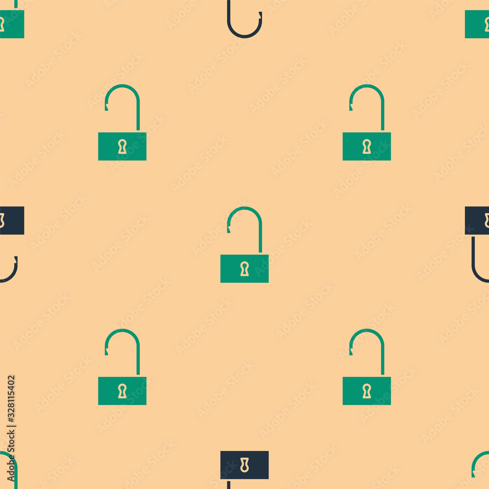 Green and black Open padlock icon isolated seamless pattern on beige background. Opened lock sign. C