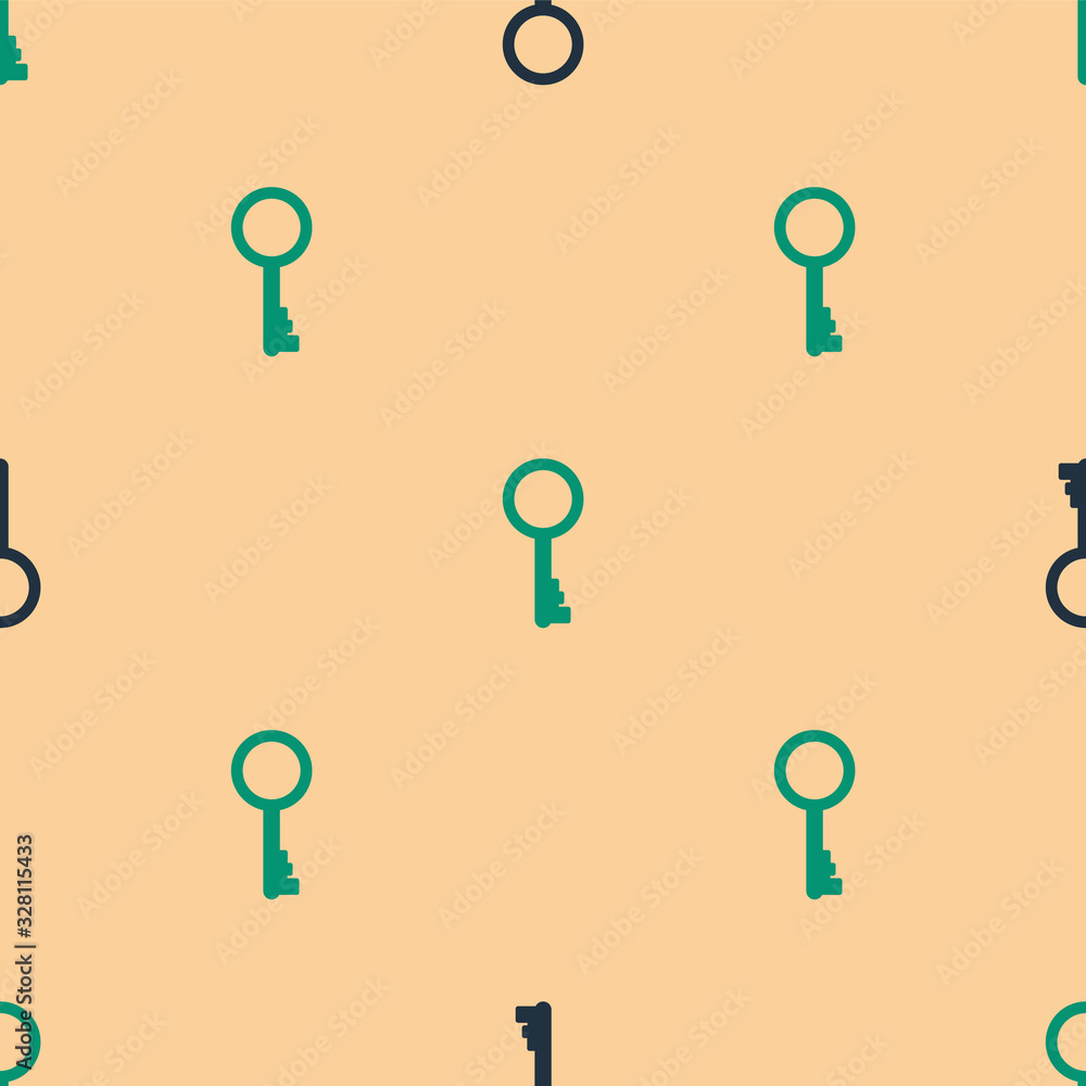 Green and black Old key icon isolated seamless pattern on beige background. Vector Illustration