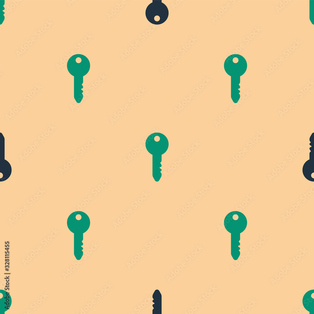 Green and black Key icon isolated seamless pattern on beige background. Vector Illustration