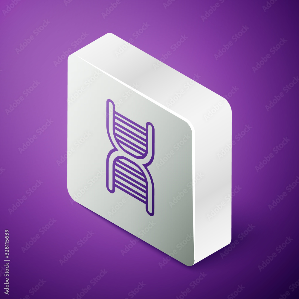 Isometric line DNA symbol icon isolated on purple background. Silver square button. Vector Illustrat