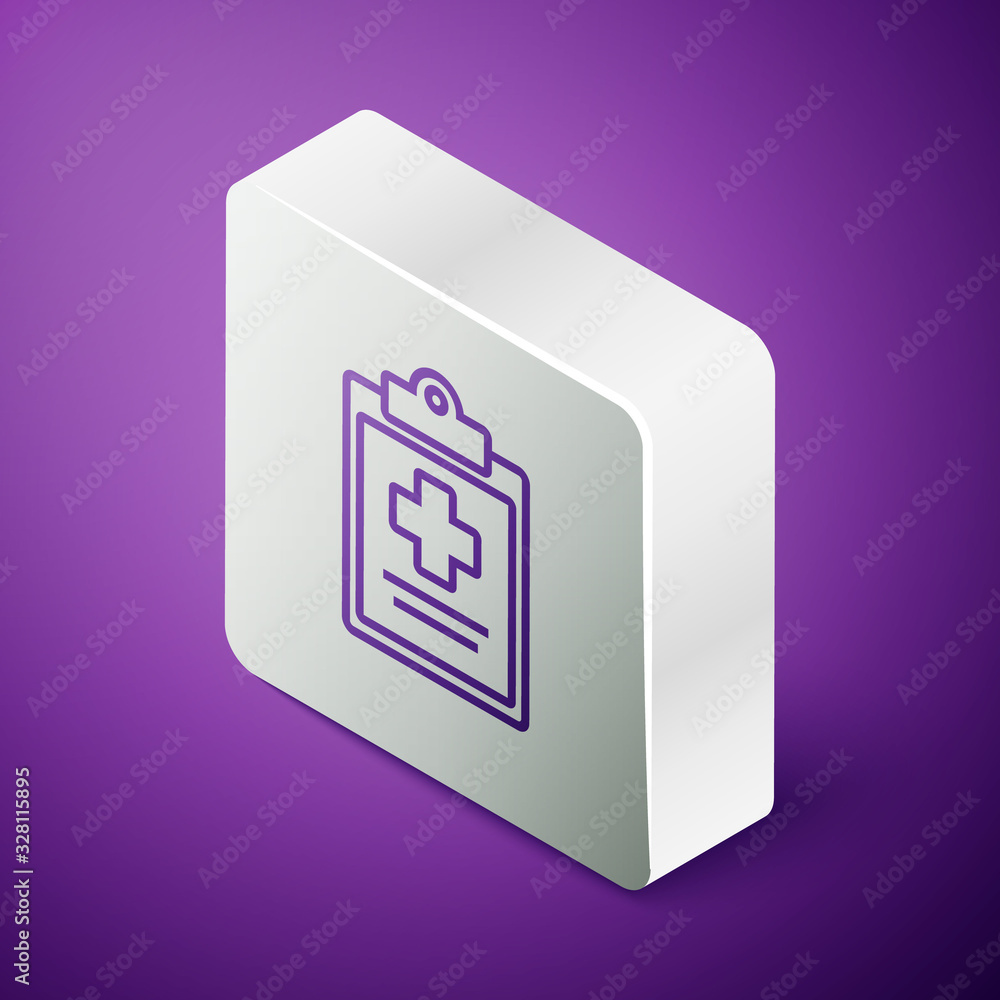 Isometric line Medical clipboard with clinical record icon isolated on purple background. Health ins