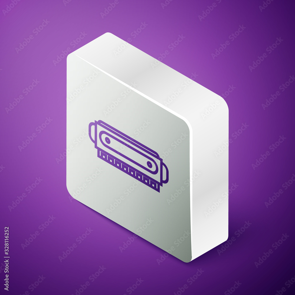 Isometric line Harmonica icon isolated on purple background. Musical instrument. Silver square butto