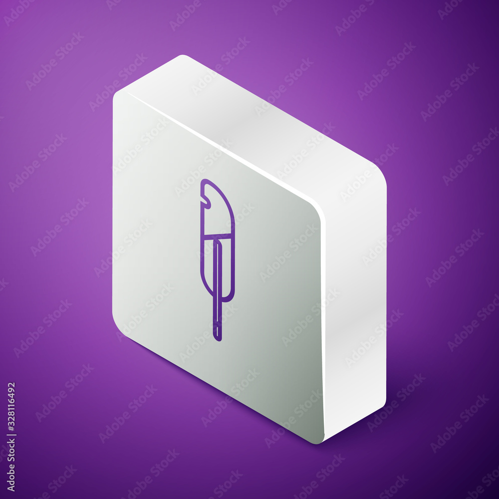 Isometric line Feather pen icon isolated on purple background. Silver square button. Vector Illustra