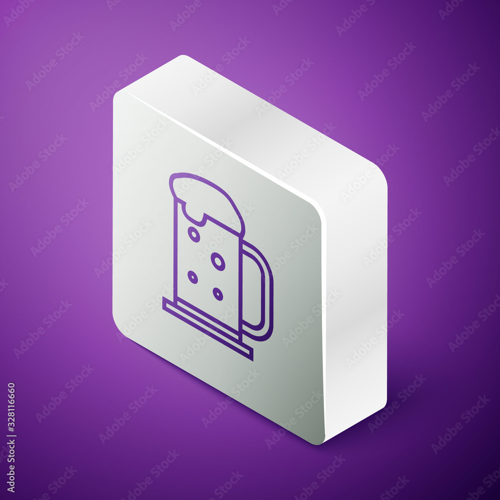 Isometric line Wooden beer mug icon isolated on purple background. Silver square button. Vector Illu