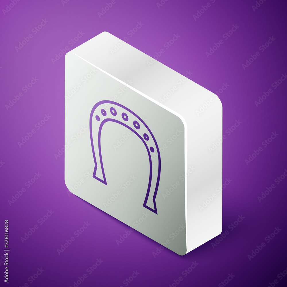 Isometric line Horseshoe icon isolated on purple background. Silver square button. Vector Illustrati