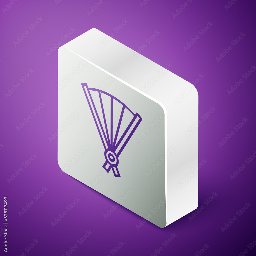 Isometric line Traditional paper chinese or japanese folding fan icon isolated on purple background.