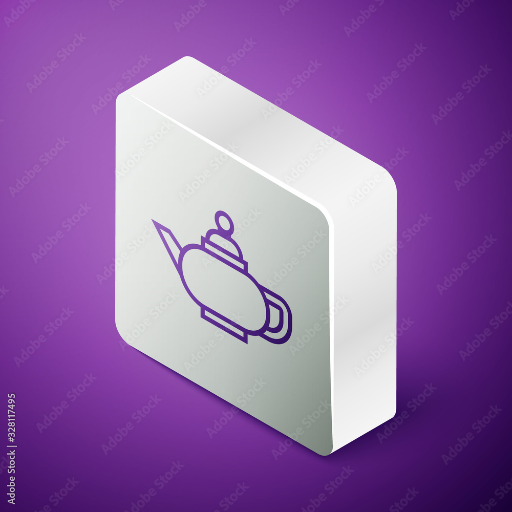 Isometric line Traditional Chinese tea ceremony icon isolated on purple background. Teapot with cup.