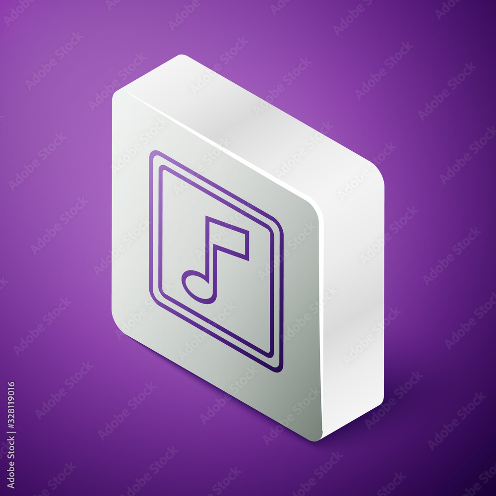 Isometric line Music note, tone icon isolated on purple background. Silver square button. Vector Ill