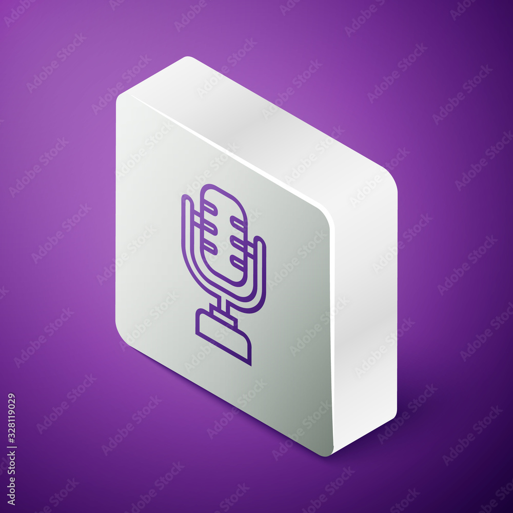 Isometric line Microphone icon isolated on purple background. On air radio mic microphone. Speaker s