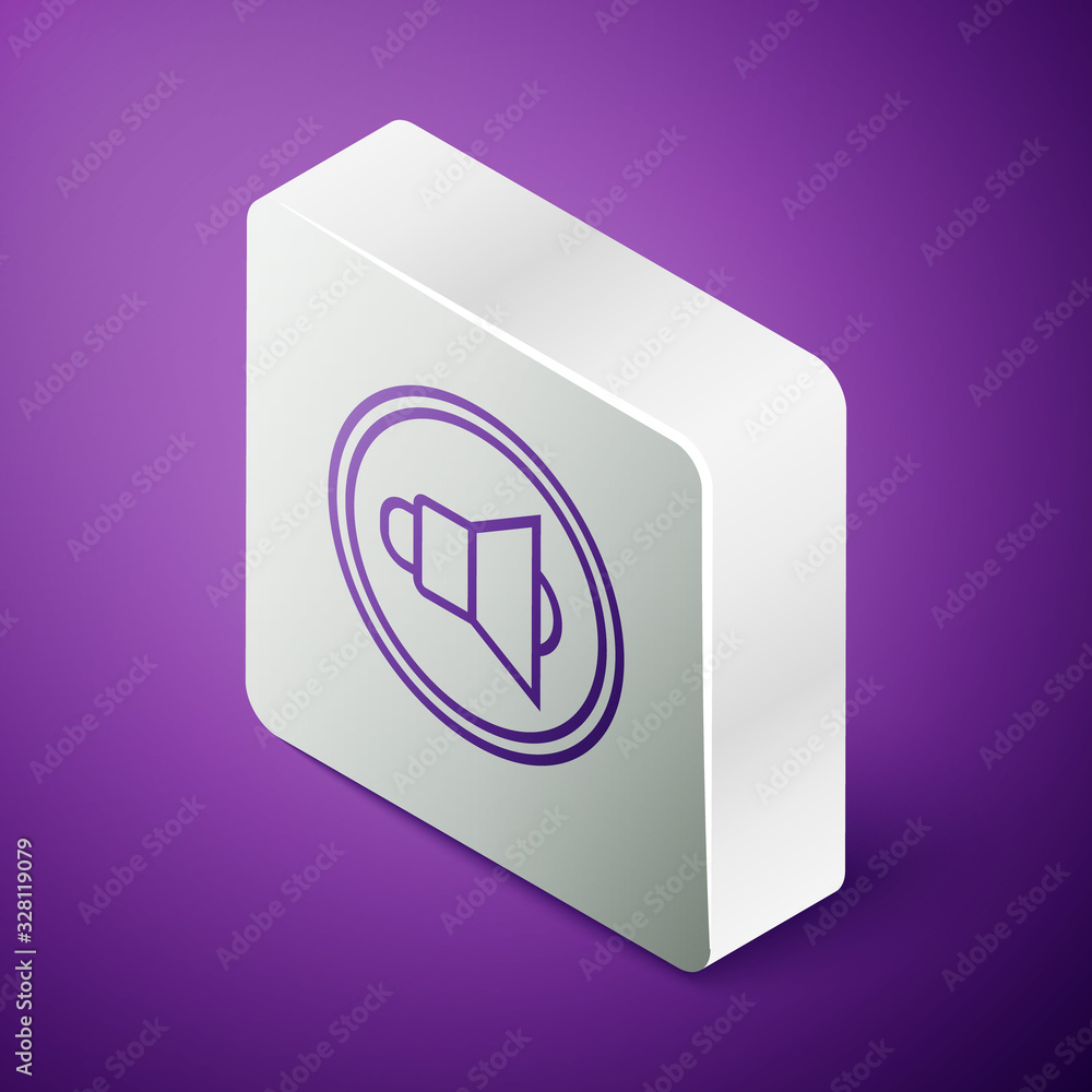 Isometric line Speaker volume, audio voice sound symbol, media music icon isolated on purple backgro